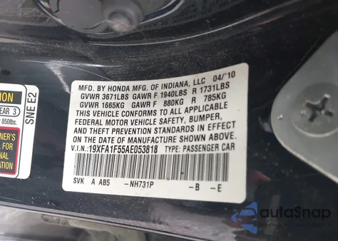 2010 Honda Civic Lx from USA, damaged, VIN 19XFA1F55AE053818